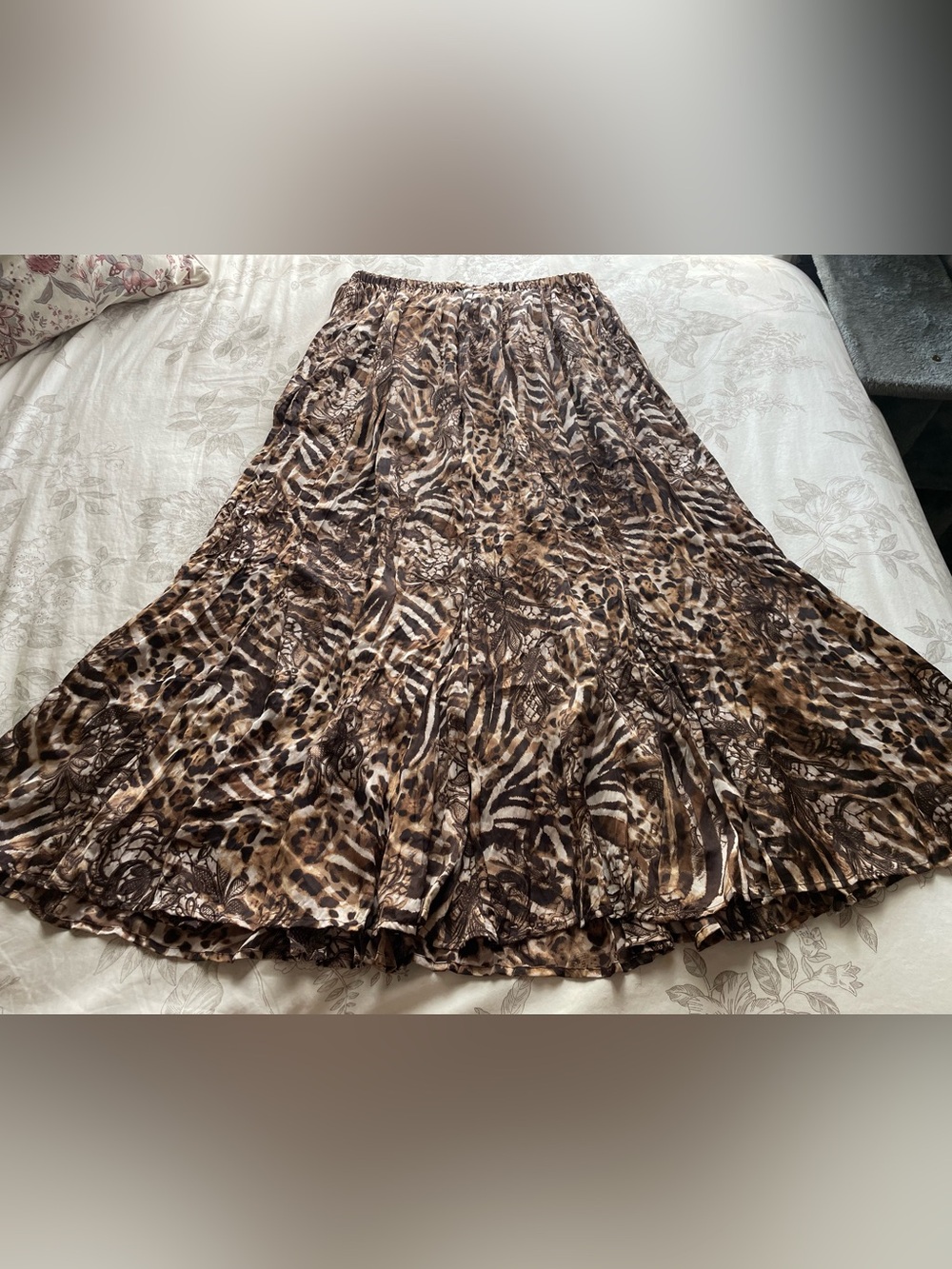 Chicos Vintage Animal Print Lace Patchwork Pull On Maxi Skirt Small Fairy Grunge